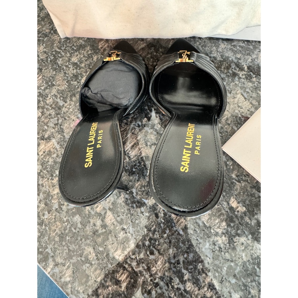 Saint Laurent Babylone 90 Nappa Sugar Leather YSL Logo Mules Black Nero 37.5 7.5 - Picture 10 of 13